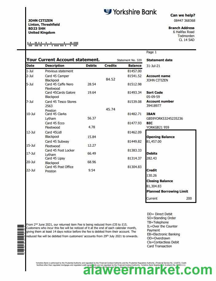 United Kingdom Yorkshire bank statement easy to fill template in Excel and PDF format